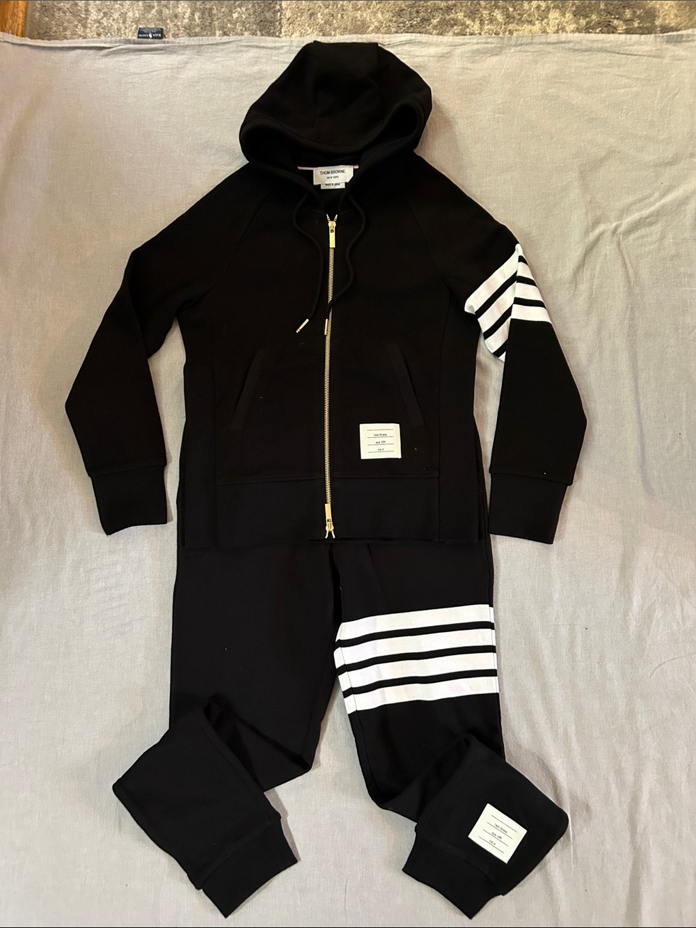 Thom Browne New York Black Hoodie & Sweatpants Set with 4 White Stripes